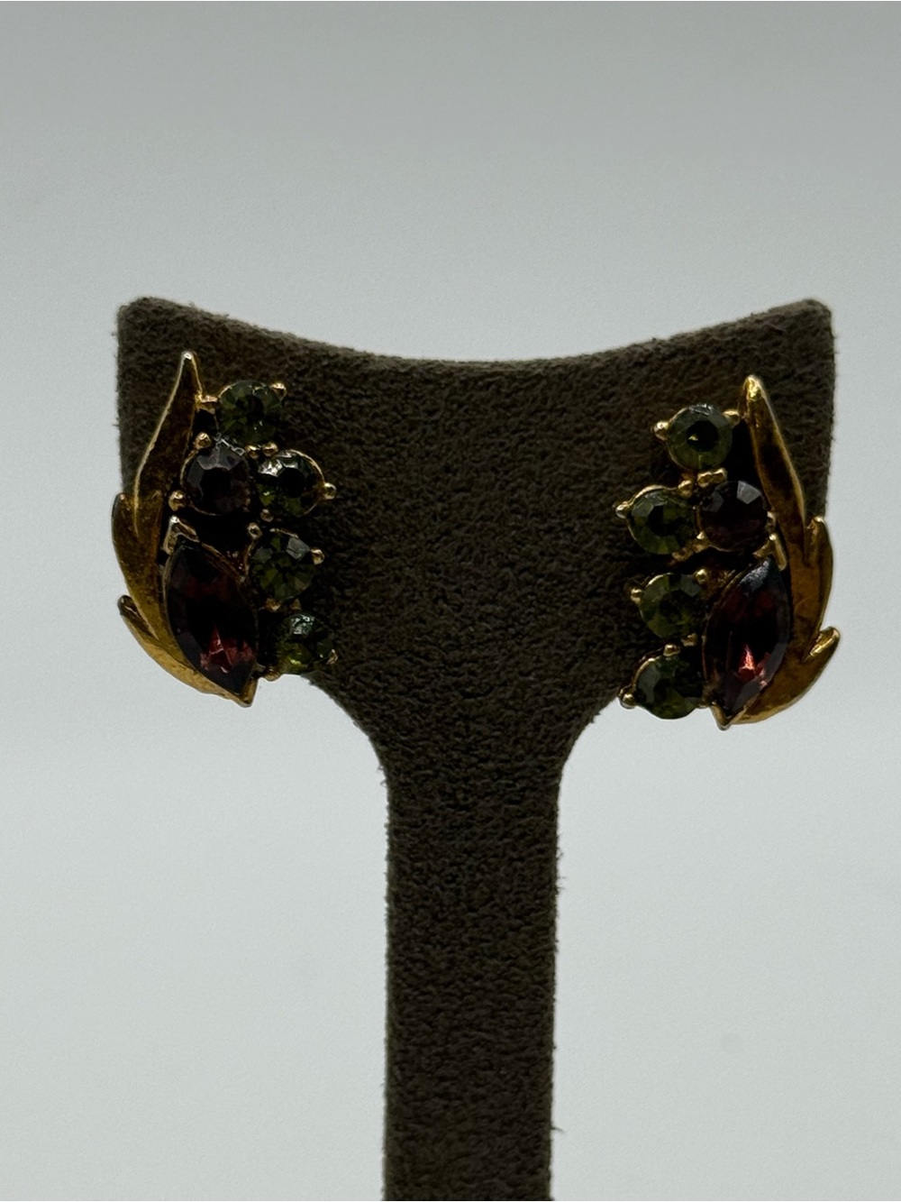 Gold-Tone Green and Burgundy Crystal Cluster Clip Earrings